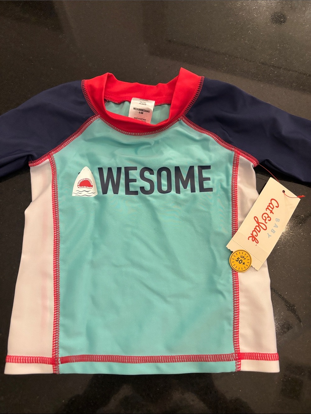 NWT Cat & Jack Kids' Rash Guard - Aqua, Navy, White & Red Trim